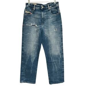 Diesel Y2K Blue D-Reggy 009MV Straight Jeans Light Acid Wash Distressed Size 27